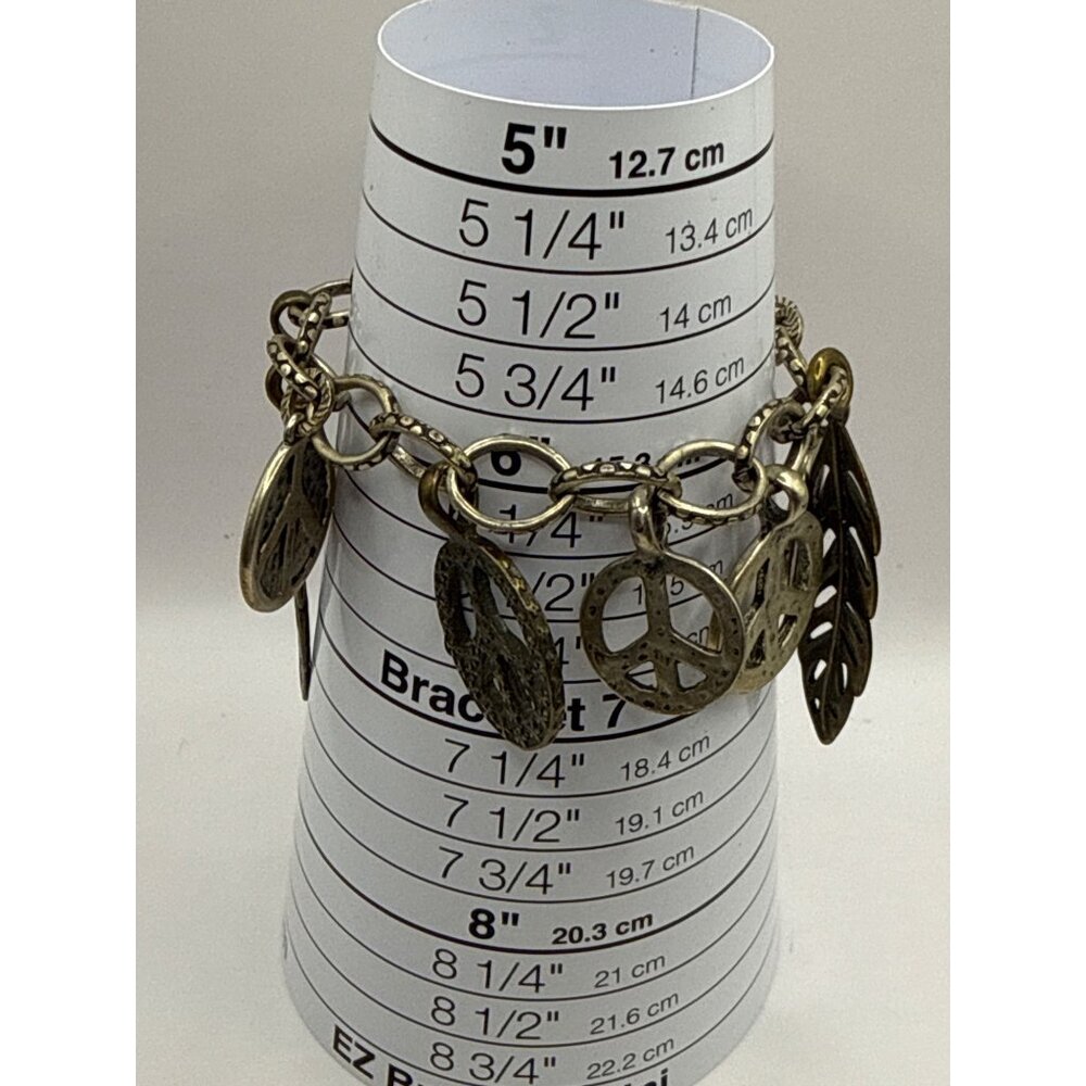 Vintage Boho Silver Peace Sign & Leaf Charm Bracelet Hippie Retro Jewelry - Picture 4 of 4
